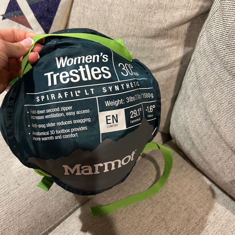 Used once! Marmot Women's Trestles 30°F Sleeping Bag - Dark Green with Lime